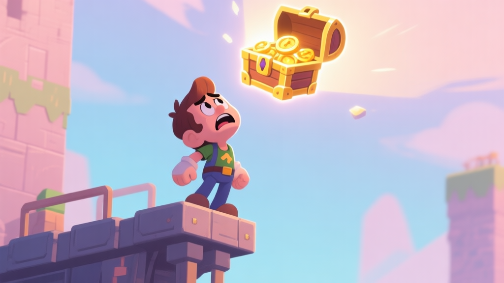 A frustrated video game character standing at the edge of a high platform, looking up at a glowing treasure chest just out of reach, in a soft pastel game art style high quality illustration, detailed, 16:9