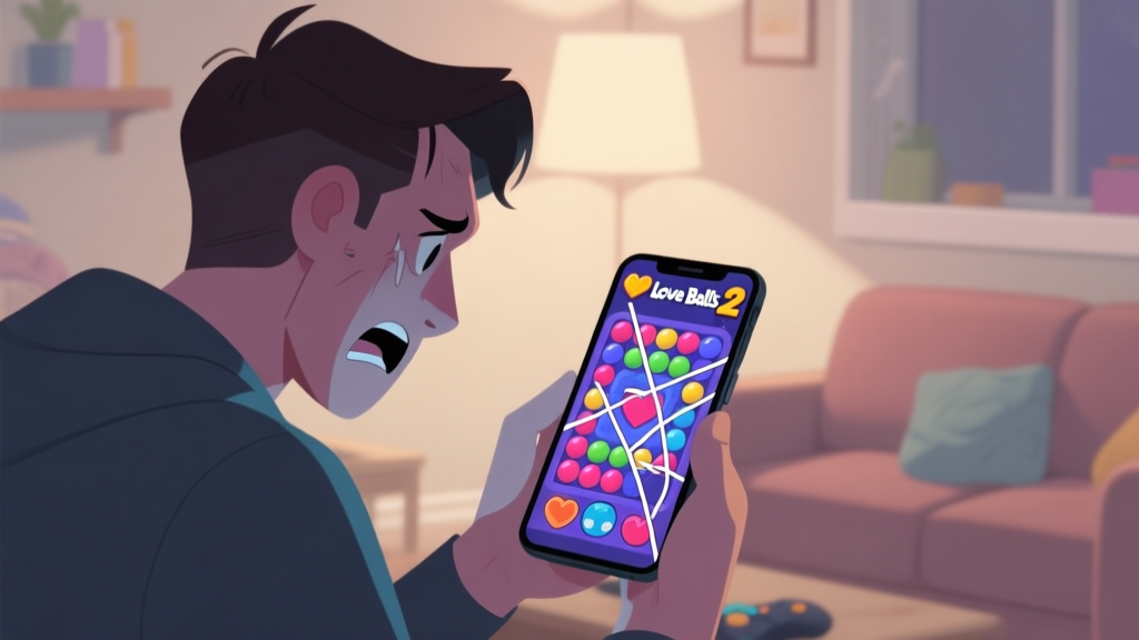 A frustrated gamer looking at a smartphone screen showing a complex Love Balls 2 level with failed drawn lines, in a cozy room setting, soft lighting, muted colors high quality illustration, detailed, 16:9