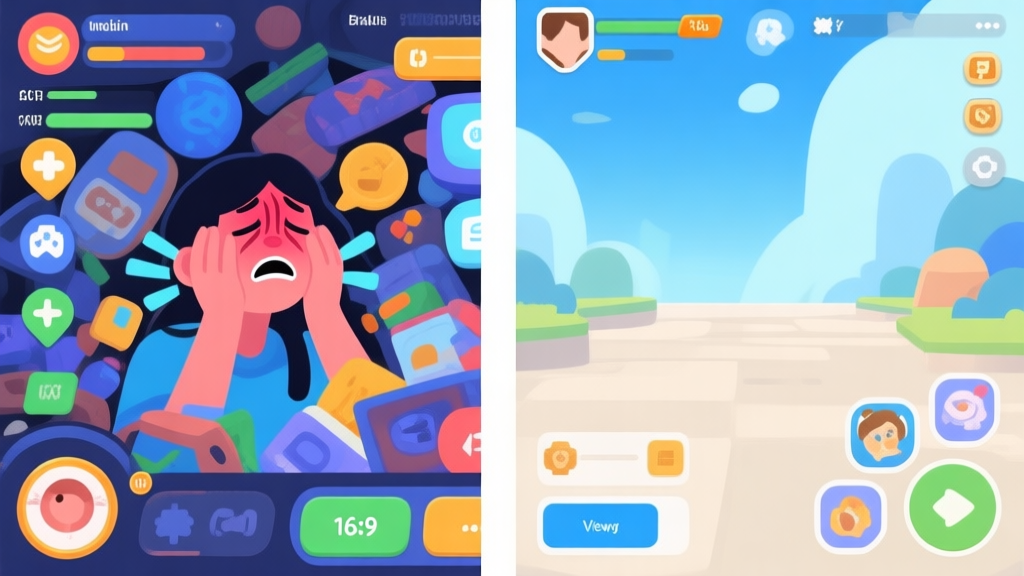 A split-screen illustration showing a cluttered, overly bright game UI on one side causing eye strain, and a clean, harmonious game interface on the other side with comfortable viewing, using a soft color palette with blues and neutral tones high quality illustration, detailed, 16:9