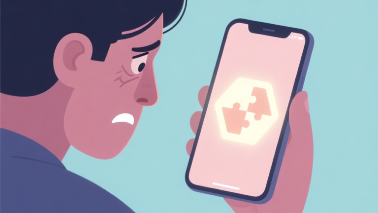 自动生成图片: A frustrated person looking at a glowing hexagon puzzle on a smartphone screen, soft pastel colors, minimalist style, conveying a sense of being stuck high quality illustration, detailed, 16:9