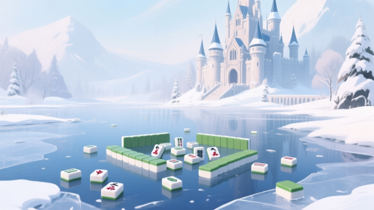 自动生成图片: A serene, snowy castle landscape with scattered Mahjong tiles on a frozen lake, soft winter color palette, digital art style high quality illustration, detailed, 16:9