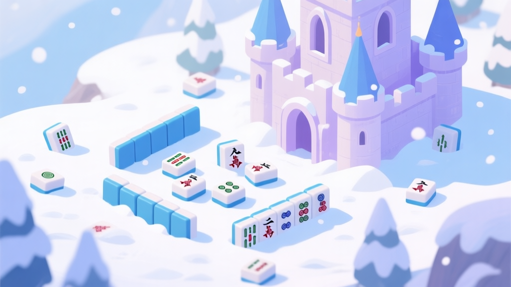 A serene, snowy castle landscape with scattered mahjong tiles partially buried in gentle snow, soft pastel colors of blue, white, and light purple, isometric view, digital painting style high quality illustration, detailed, 16:9