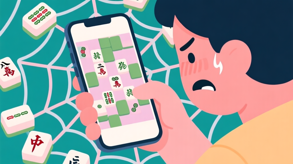 A frustrated player looking at a Mahjong Solitaire puzzle on a mobile phone, with a tangled web of tiles in soft pastel colors, flat illustration style high quality illustration, detailed, 16:9