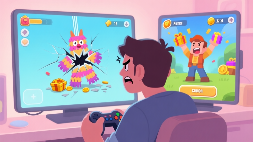 A frustrated gamer looking at a screen showing a broken pinata with only common loot, contrasted with another screen showing a player celebrating rare rewards, in a soft pastel game UI style high quality illustration, detailed, 16:9