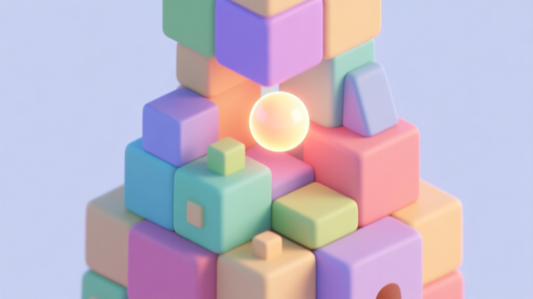 自动生成图片: A 3D isometric view of a colorful tower made of various shaped blocks, with a glowing ball bouncing between them, soft pastel color palette, clean game illustration style high quality illustration, detailed, 16:9