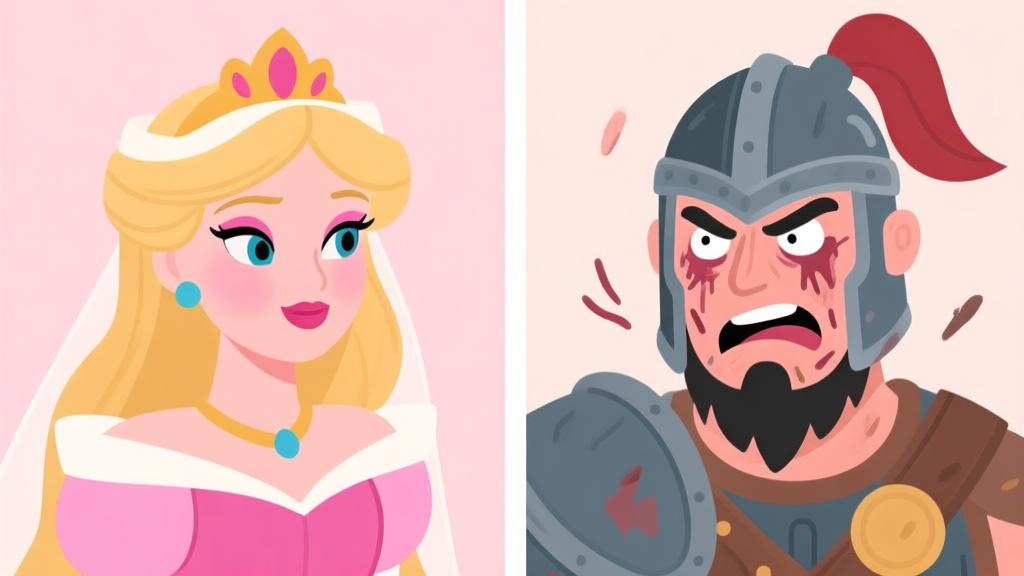 Split-screen illustration showing a beautifully made-up princess on one side and a comically exaggerated, messy warrior makeup on the other, in a soft pastel color palette, flat design style high quality illustration, detailed, 16:9