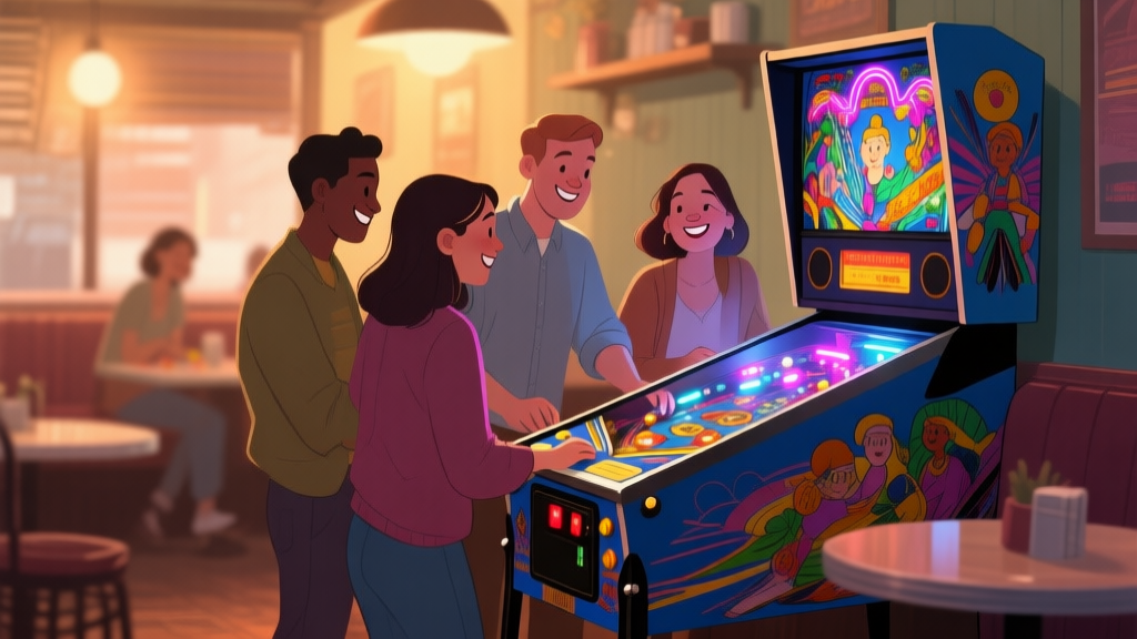 A warmly lit, cozy cafe corner featuring a classic pinball machine with vibrant artwork, a small group of diverse people smiling and taking turns playing, soft focus on the machine's details, muted color palette with pops of neon from the machine's lights high quality illustration, detailed, 16:9