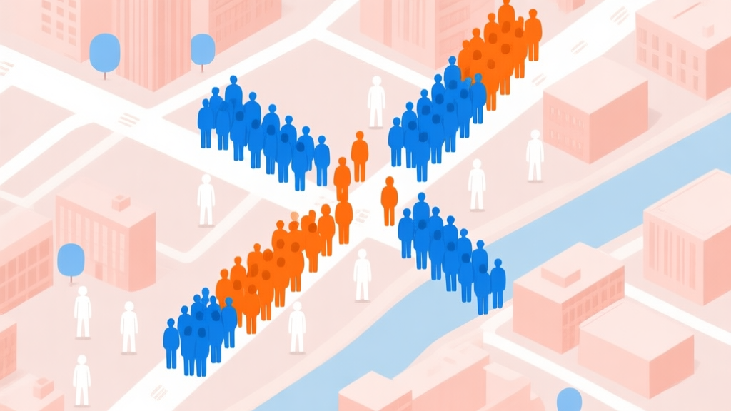 A top-down view of a minimalist city map in Crowd City style, showing multiple colored crowds (blue and orange) converging on neutral white figures, with clear pathways and buildings, soft pastel color palette high quality illustration, detailed, 16:9