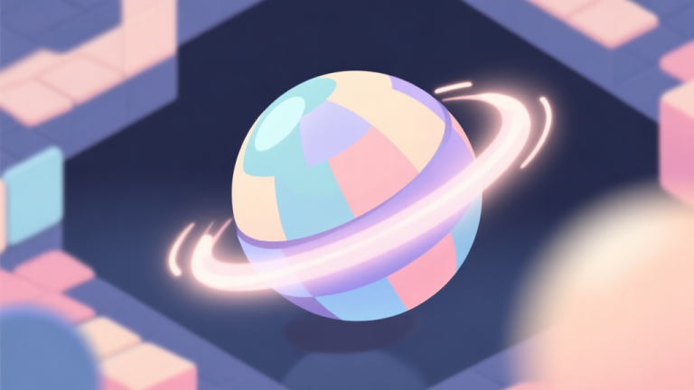 自动生成图片: A stylized, rotating ball in a mobile puzzle game environment, with subtle motion blur and glowing trail, soft pastel colors, flat design style high quality illustration, detailed, 16:9