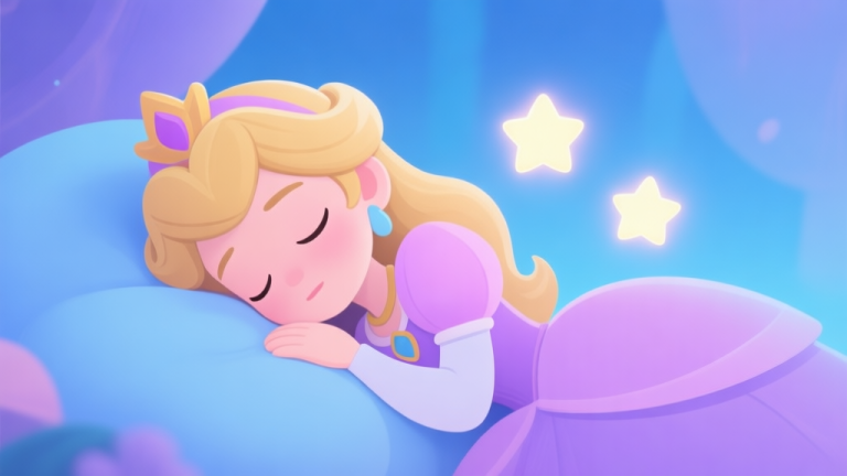 自动生成图片: A soft, dreamlike illustration of a sleeping princess character in a game, with two subtle, glowing stars hovering near her, symbolizing the twin birth event. Pastel color scheme with blues and purples. high quality illustration, detailed, 16:9