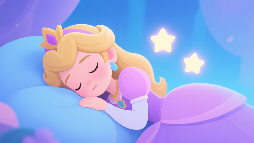A soft, dreamlike illustration of a sleeping princess character in a game, with two subtle, glowing stars hovering near her, symbolizing the twin birth event. Pastel color scheme with blues and purples. high quality illustration, detailed, 16:9