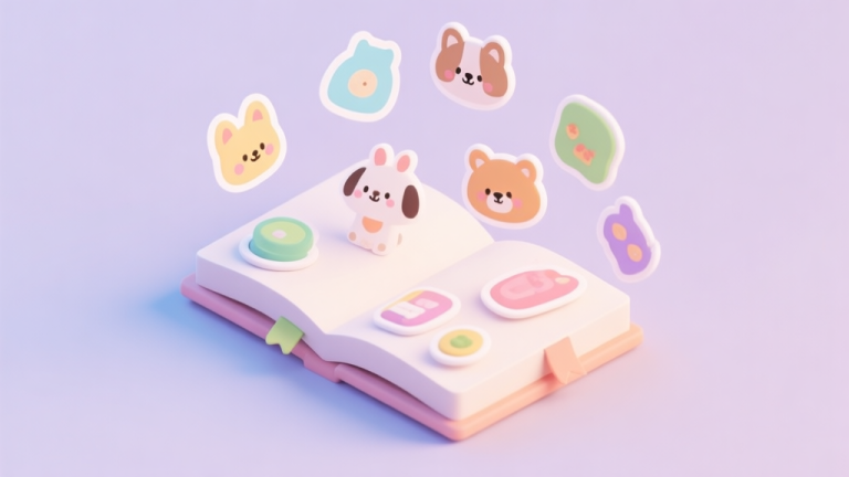 自动生成图片: A cheerful, isometric view of a digital sticker book interface with various cute animal and object stickers floating around, soft pastel color palette, clean and inviting design high quality illustration, detailed, 16:9