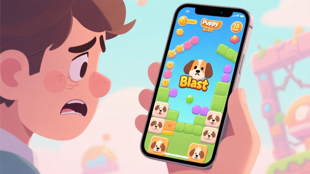A frustrated player looking at a challenging Puppy Blast level on a mobile phone screen, with cute puppy tiles and complex obstacles in the background, soft pastel color palette high quality illustration, detailed, 16:9