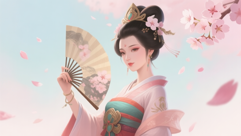 A serene and elegant illustration of a stylized East Asian princess character from a video game, holding a traditional fan, with cherry blossom petals floating in a soft pastel background, digital painting style high quality illustration, detailed, 16:9