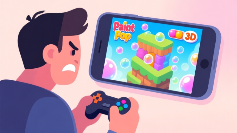 自动生成图片: A frustrated mobile gamer looking at a colorful Paint Pop 3D level with many bubbles, soft pastel background, flat illustration style high quality illustration, detailed, 16:9