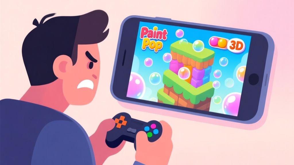 A frustrated mobile gamer looking at a colorful Paint Pop 3D level with many bubbles, soft pastel background, flat illustration style high quality illustration, detailed, 16:9