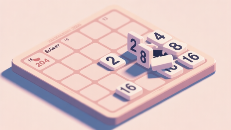 自动生成图片: A minimalist, top-down view of a Solitaire 2048 game board in a soft, pastel color palette, showing tiles of numbers 2, 4, 8, and 16 neatly arranged, with one corner looking slightly cluttered and blocked, conveying a sense of strategic challenge high quality illustration, detailed, 16:9