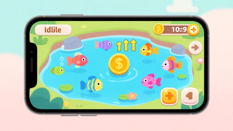 自动生成图片: A vibrant and cheerful idle game interface on a mobile screen, showing a cartoonish pond with various colorful fish, a coin counter with rising numbers, and simple upgrade buttons, all in a soft pastel color palette high quality illustration, detailed, 16:9