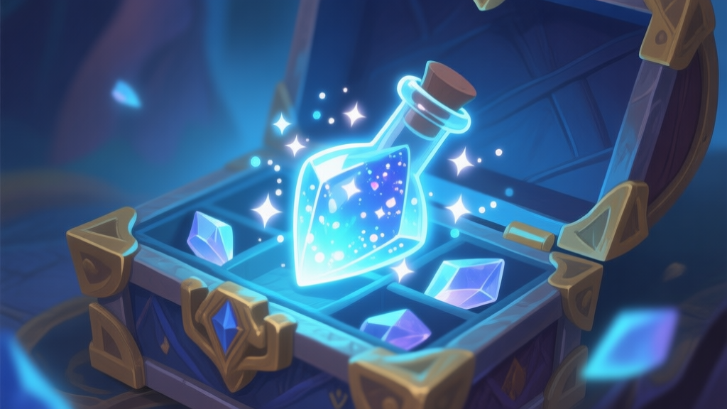 A glowing, magical vial or crystal with sparkling particles floating around it, resting on an open fantasy game inventory screen, soft blue and ethereal light color scheme high quality illustration, detailed, 16:9