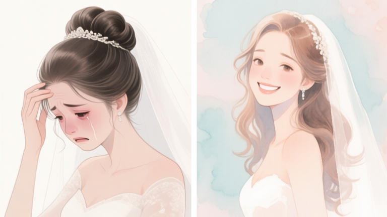 自动生成图片: A split-screen illustration showing contrast. Left side: a bride looking distressed touching an overly stiff, elaborate updo. Right side: a radiant bride with soft, natural-looking waves, smiling confidently. Soft pastel color palette, watercolor style. high quality illustration, detailed, 16:9