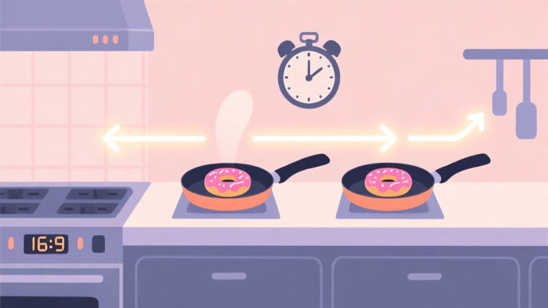 自动生成图片: A stylized, minimalist illustration of a game kitchen counter with two donut frying pans, a timer counting down in the background, and soft, glowing arrows indicating a flow of actions, in a pastel color palette high quality illustration, detailed, 16:9
