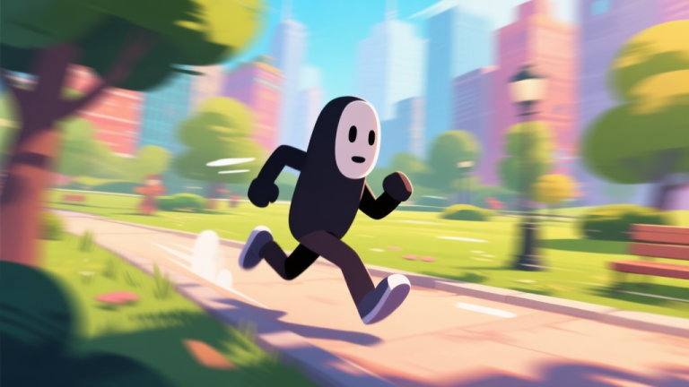 自动生成图片: A side-scrolling video game scene showing a stylized, anonymous runner character dashing through a vibrant city park, with motion blur effects emphasizing speed, in a cartoonish and friendly art style high quality illustration, detailed, 16:9