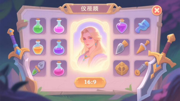 自动生成图片: A game inventory screen showing various items, with a beautifully illustrated portrait glowing softly, placed among potions and weapons, soft pastel color scheme, digital painting style high quality illustration, detailed, 16:9