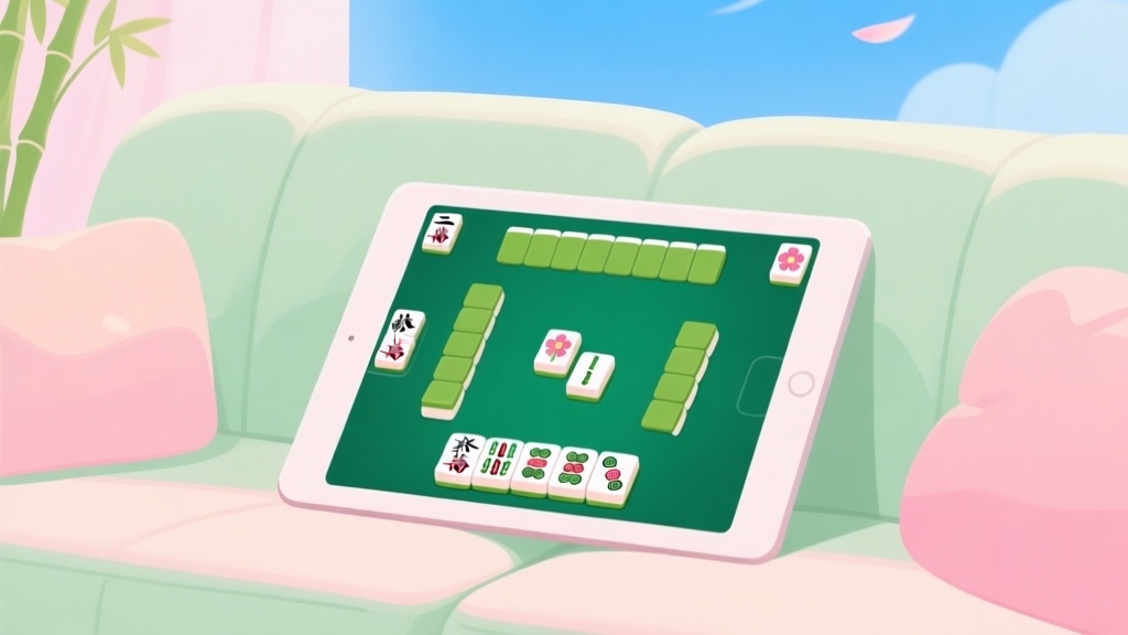 A calm and inviting digital illustration of a Mahjong Solitaire game in progress on a tablet, resting on a cozy couch. Soft spring colors like light green and pastel pink dominate, with a clear blue sky in the game's background. The tiles show simple, recognizable symbols like flowers and bamboo. high quality illustration, detailed, 16:9