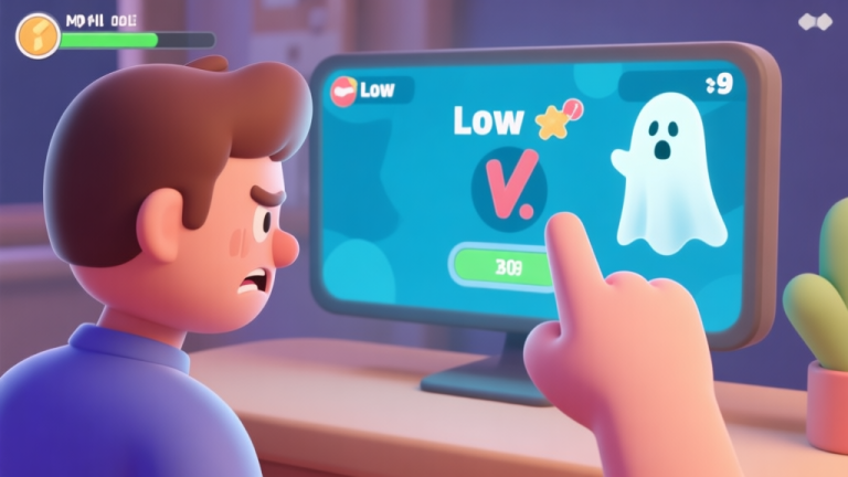 自动生成图片: A 3D mobile game scene showing a frustrated player looking at a low score on the screen, while a ghostly hand points to common mistakes like chaotic tapping and bad timing, in a flat illustration style with soft colors high quality illustration, detailed, 16:9