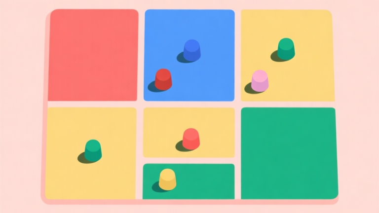自动生成图片: A minimalist 3x3 game board grid with colored squares (soft red, blue, yellow, green) and simple colored tokens placed on some squares, pastel color palette, clean lines, flat design style high quality illustration, detailed, 16:9