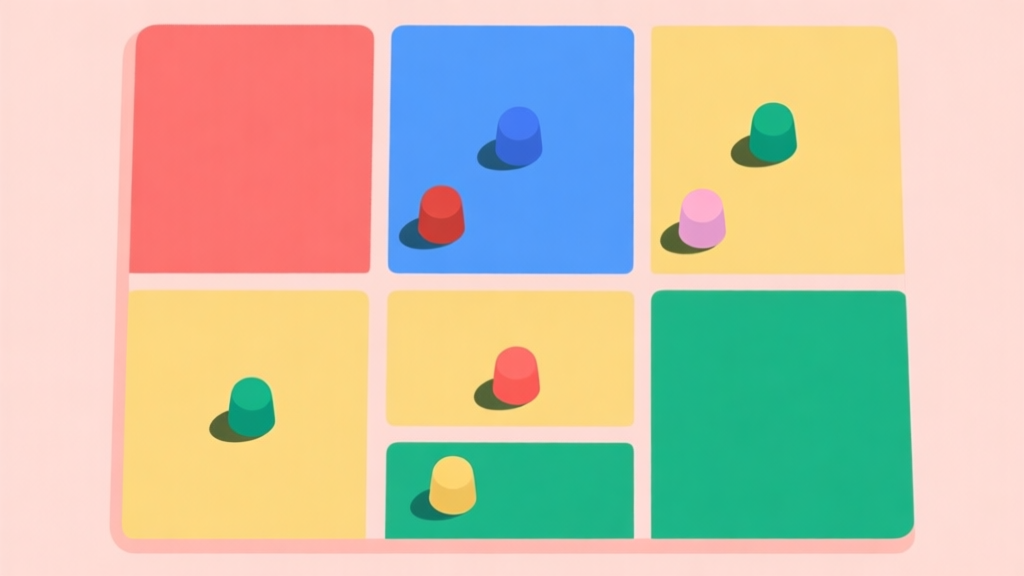A minimalist 3x3 game board grid with colored squares (soft red, blue, yellow, green) and simple colored tokens placed on some squares, pastel color palette, clean lines, flat design style high quality illustration, detailed, 16:9