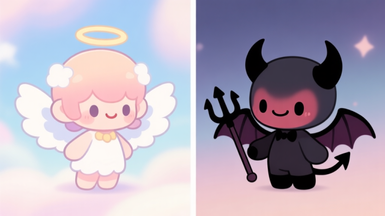 自动生成图片: A split-screen illustration showing two contrasting kawaii game avatars. Left side: a cute angel avatar with soft pastel colors, fluffy white wings, a tiny halo, and a gentle smile. Right side: a cute devil avatar with dark cute aesthetic, small black horns, a playful smirk, bat-like wings, and a mini trident. Both in chibi style, on a soft dreamy background high quality illustration, detailed, 16:9