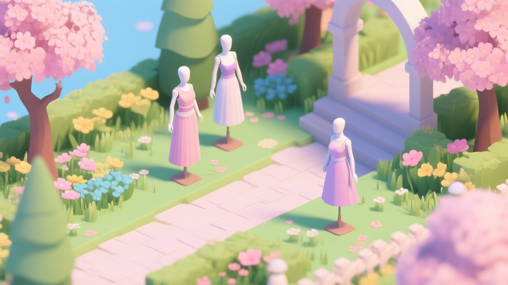 A serene and colorful spring garden setting within a video game, with mannequins wearing elegant virtual outfits, soft pastel color palette, isometric view high quality illustration, detailed, 16:9