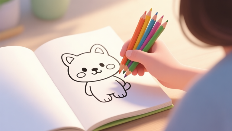自动生成图片: A person's hand holding a set of colored pencils, hovering over an open coloring book page with a cute cartoon animal outline, soft natural lighting, peaceful and inviting atmosphere high quality illustration, detailed, 16:9