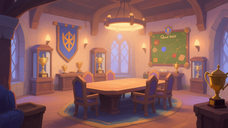 自动生成图片: A cozy, inviting virtual guild hall in a game, with soft lighting, a large central table, trophy cases, and a quest board on the wall, rendered in a warm, painterly style with muted colors high quality illustration, detailed, 16:9