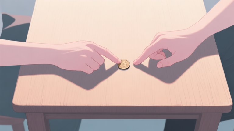 自动生成图片: A top-down view of two hands on a wooden table, fingers poised on opposite sides of a coin, soft natural lighting, minimalist and tense atmosphere, pastel color palette high quality illustration, detailed, 16:9