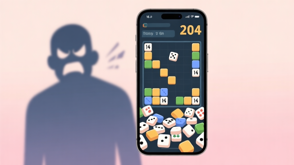 A cluttered 2048 game board on a mobile phone screen, with tiles scattered randomly and no clear strategy, soft pastel background with a frustrated shadow figure in the background high quality illustration, detailed, 16:9