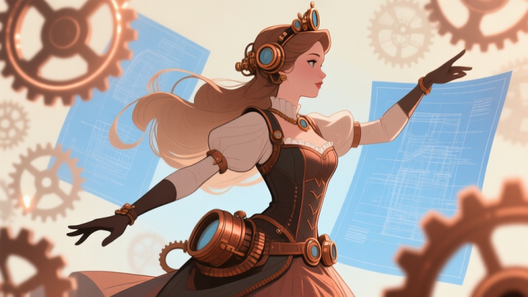 自动生成图片: A stylized, side-view illustration of a Steampunk Princess character in a dynamic pose, surrounded by faint, glowing gears and mechanical blueprints, with a soft sepia and copper color palette high quality illustration, detailed, 16:9