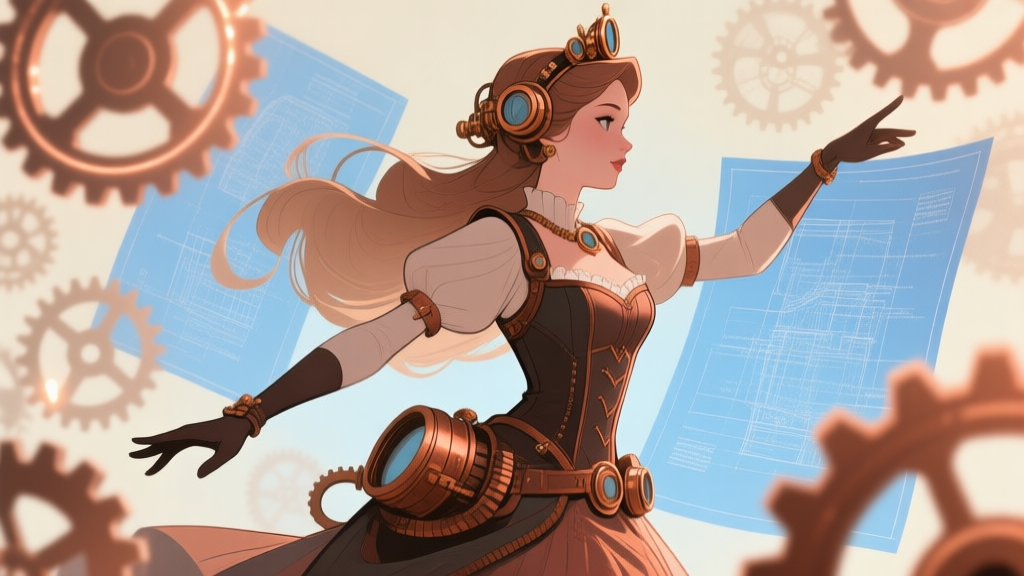 A stylized, side-view illustration of a Steampunk Princess character in a dynamic pose, surrounded by faint, glowing gears and mechanical blueprints, with a soft sepia and copper color palette high quality illustration, detailed, 16:9