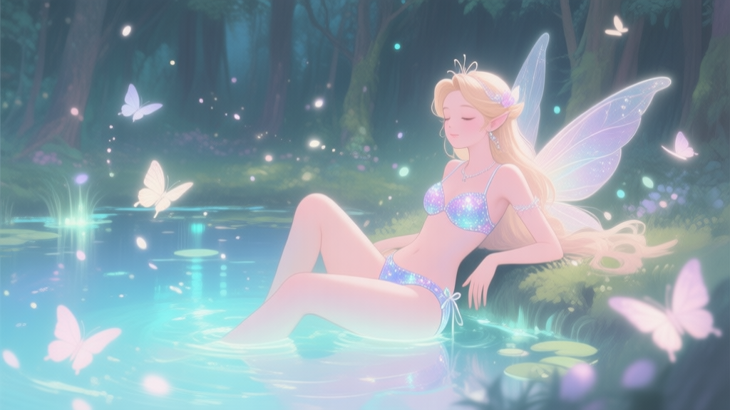 A magical, serene scene of a fairy princess character in a sparkling swimsuit, relaxing by a glowing forest pond, with soft butterflies and light particles in the air, rendered in a soft pastel color palette, digital painting style high quality illustration, detailed, 16:9