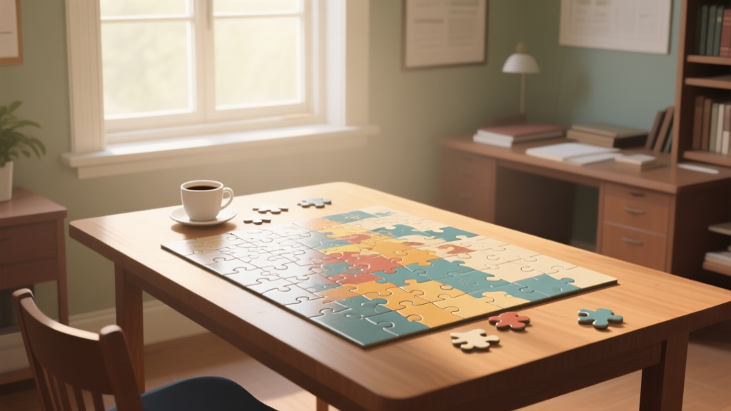 A serene, well-lit study room with a large, nearly completed jigsaw puzzle on a wooden table, soft morning light filtering through a window, a cup of coffee nearby, conveying focus and peaceful accomplishment high quality illustration, detailed, 16:9