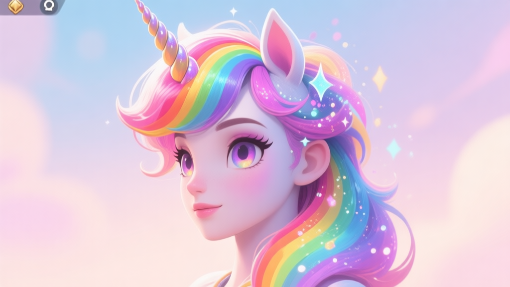A vibrant, stylized game character customization screen showing a fantastical unicorn hairstyle with rainbow colors and sparkling particles, set against a soft pastel background, digital art style high quality illustration, detailed, 16:9