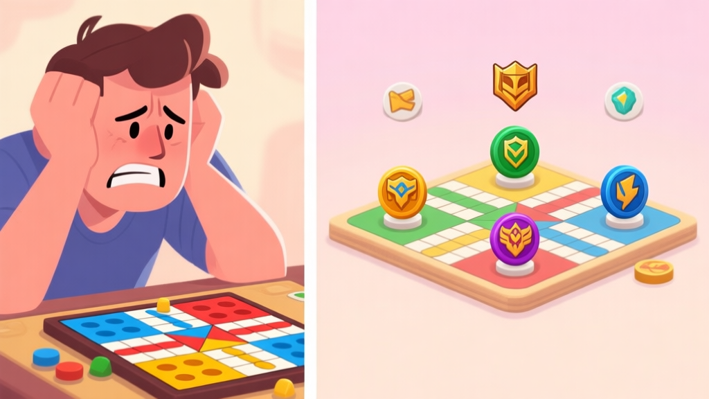 A split-screen illustration showing a frustrated player on one side looking at a Ludo board, and on the other side, a strategic view of four different Ludo hero tokens with distinct icons above them, set on a soft pastel background high quality illustration, detailed, 16:9