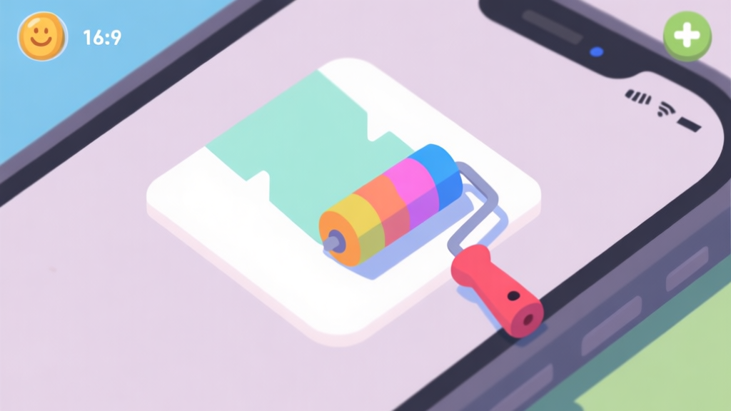A minimalist, top-down view of a mobile game screen showing a colorful paint roller covering a white geometric shape, soft pastel colors, clean lines, conveying a sense of satisfaction and completion high quality illustration, detailed, 16:9