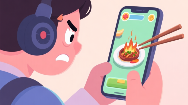 自动生成图片: A frustrated gamer looking at a mobile screen showing a burnt virtual dish in a cooking game, with chopsticks controls on the side, soft pastel color palette, cartoon illustration style high quality illustration, detailed, 16:9