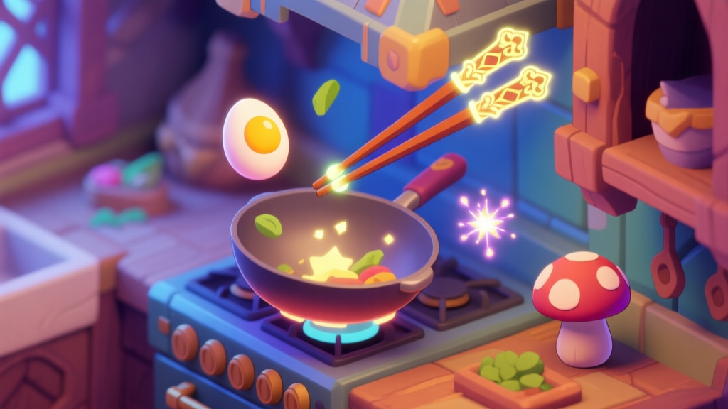 A vibrant, isometric video game scene showing a fantasy kitchen. A pair of ornate, glowing chopsticks are hovering over a wok, with magical ingredients like a glowing egg and a sparkly mushroom floating nearby. The style is reminiscent of anime RPG game art. high quality illustration, detailed, 16:9