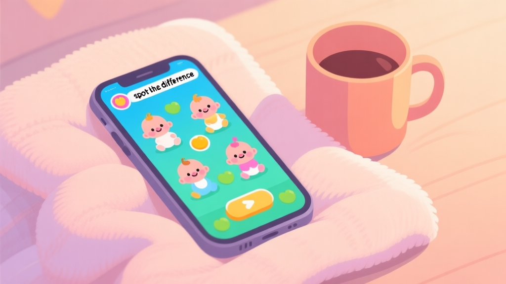 A cozy, inviting scene of a smartphone displaying a colorful 'spot the difference' game with cute baby characters, resting on a soft blanket next to a warm mug, in a flat illustration style with pastel colors high quality illustration, detailed, 16:9
