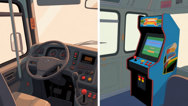 自动生成图片: Split-screen comparison of a highly detailed bus interior dashboard versus a simpler arcade-style one, soft lighting, muted colors, focusing on the realism of controls and textures high quality illustration, detailed, 16:9