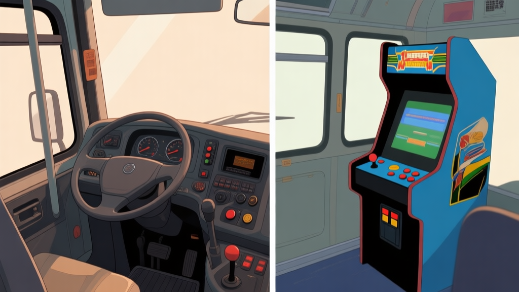 Split-screen comparison of a highly detailed bus interior dashboard versus a simpler arcade-style one, soft lighting, muted colors, focusing on the realism of controls and textures high quality illustration, detailed, 16:9