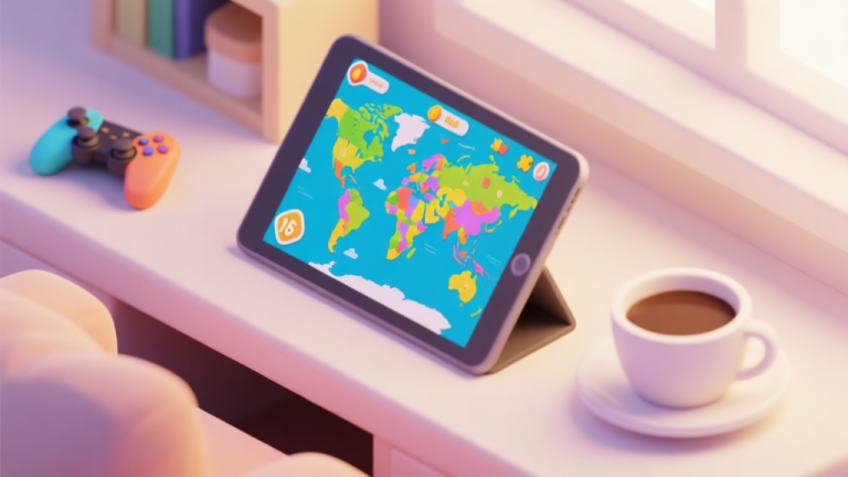 自动生成图片: A cozy gaming setup with a tablet displaying a colorful world map puzzle game, a cup of coffee nearby, soft natural lighting, isometric view, soft pastel color palette high quality illustration, detailed, 16:9